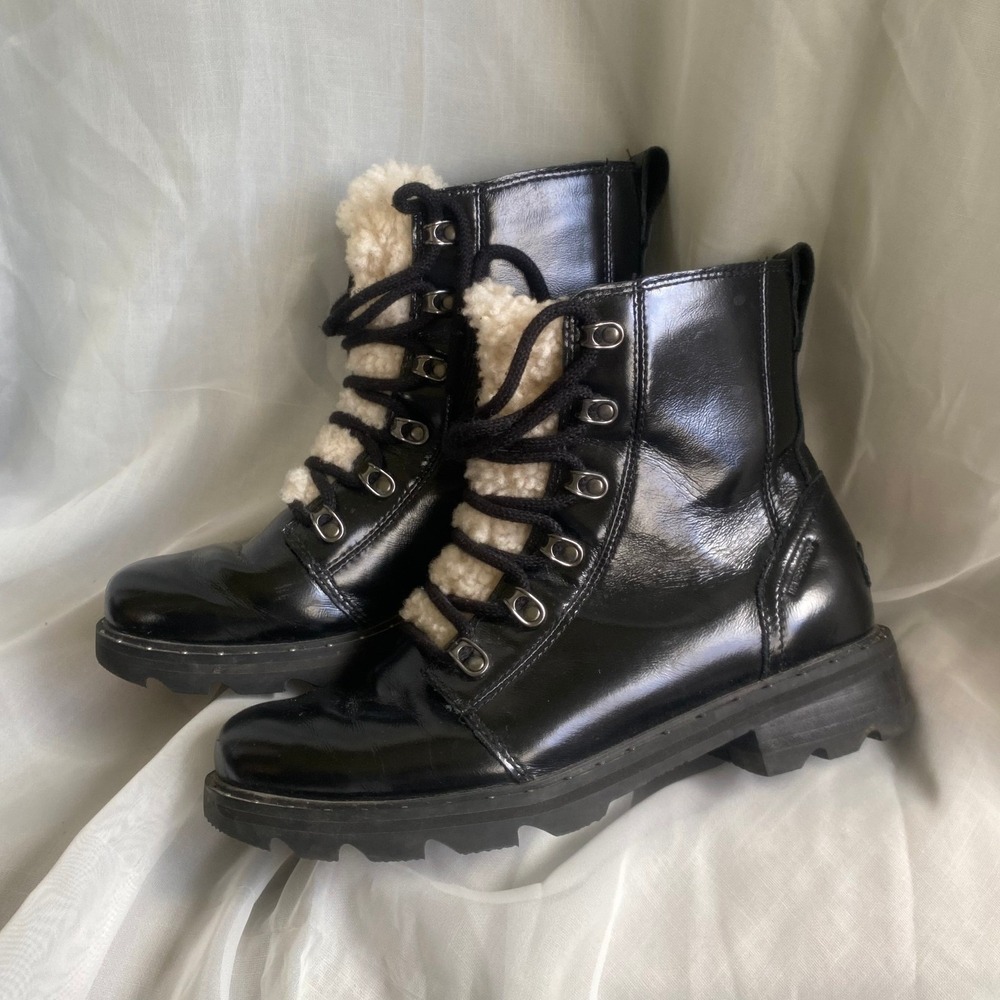 Sorel Lennox Moto Leather Shearling Waterproof Black Combat Hiking Boots 8.5